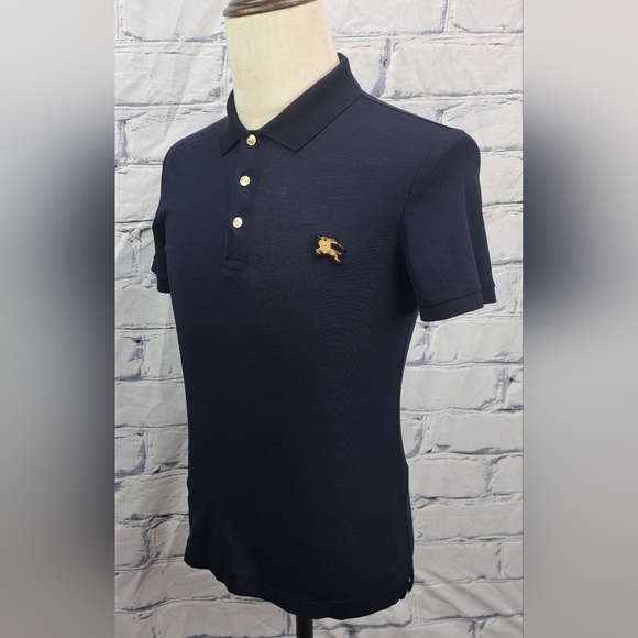 Burberry Men's Polo Shirt Navy Fine Mesh Gold Metal Equestrian Knight XS - Picture 7 of 16